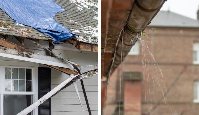 Collage of broken gutter and gutter leak Collage of broken gutter and gutter leak