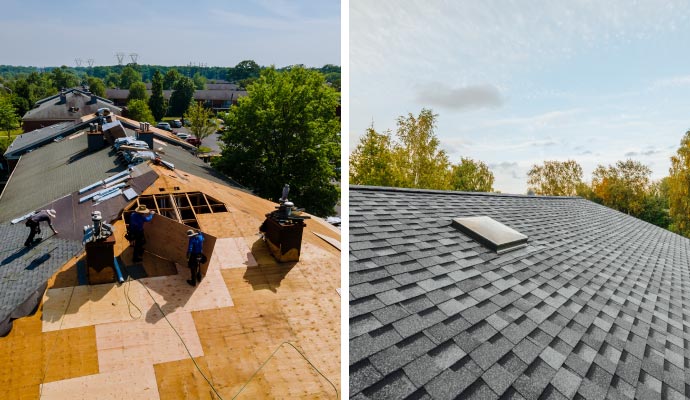 Collage of roof replacement and clean roof Collage of roof replacement and clean roof